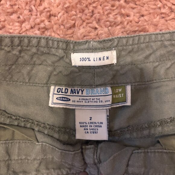 VTG Old Navy 100% Linen Capri Pants Women's 2 Y2K Olive Green Cropped Low Waist - Picture 3 of 6
